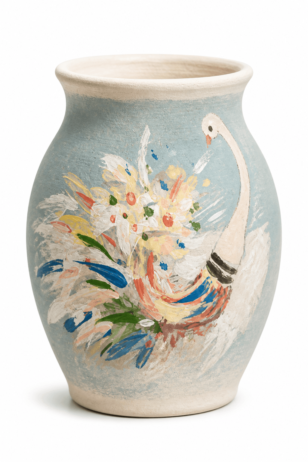 A raw bisque pot painted by hand with a bird and a burst of colour